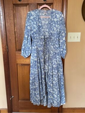 SOLD | Free People dusty blue white floral tiered maxi dress size L